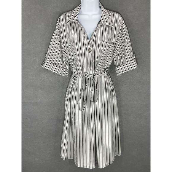Mlle‎ Gabrielle Striped Shirt Dress Belted Roll Tab Sleeve Pockets Casual 1X - Picture 1 of 11